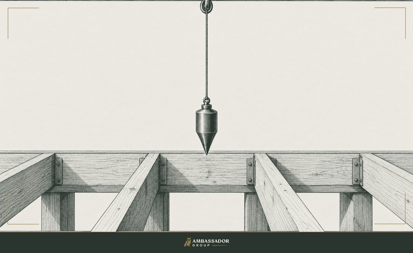 Antique engraving illustration. A brass plumb bob hangs still above an open timber floor frame, its string marking one true vertical line.