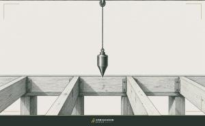 Antique engraving illustration. A brass plumb bob hangs still above an open timber floor frame, its string marking one true vertical line.