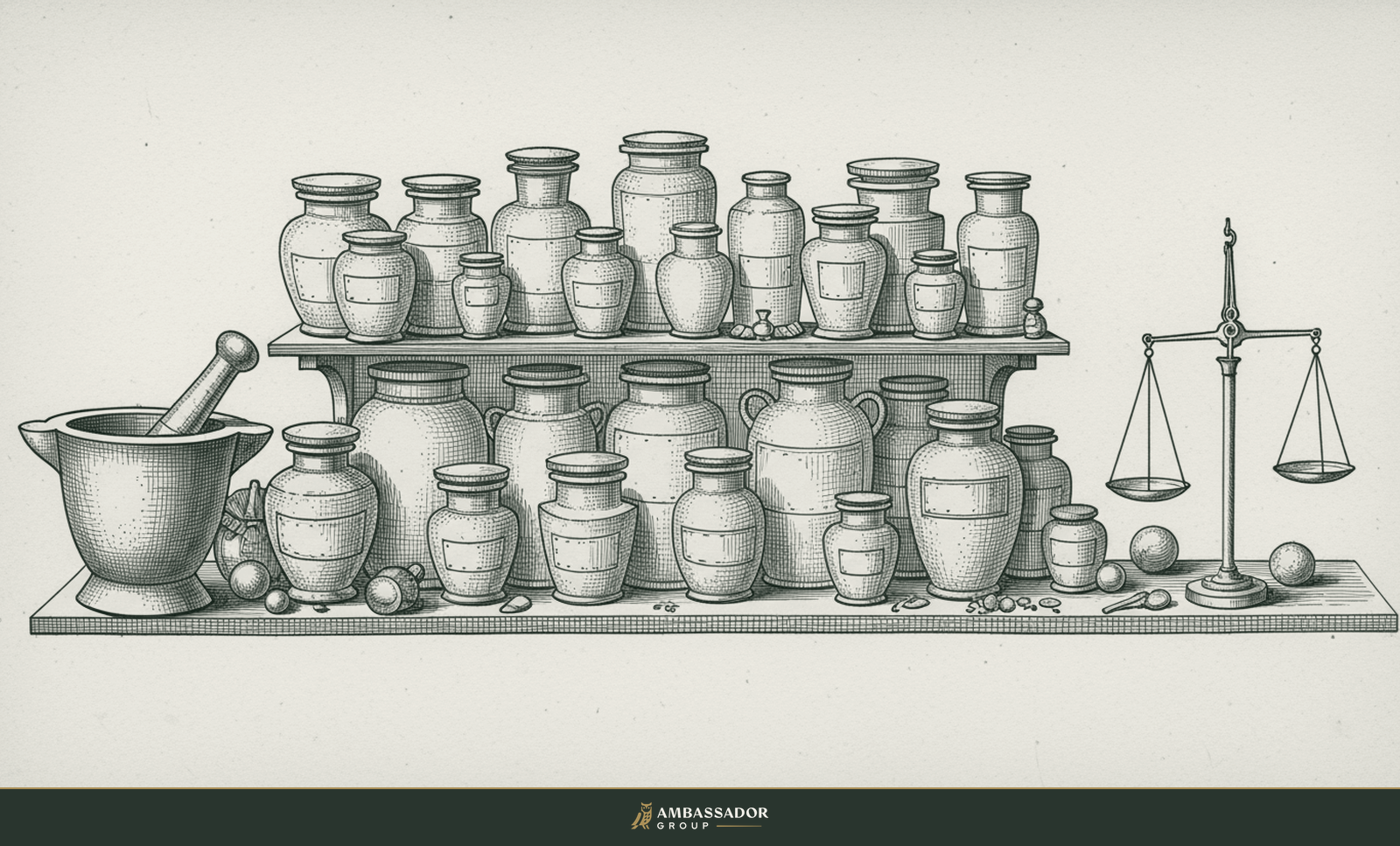 Antique engraving illustration. An apothecary's shelf of unlabeled ceramic jars beside a mortar and pestle and a small balance, the ingredients of a lasting bond.