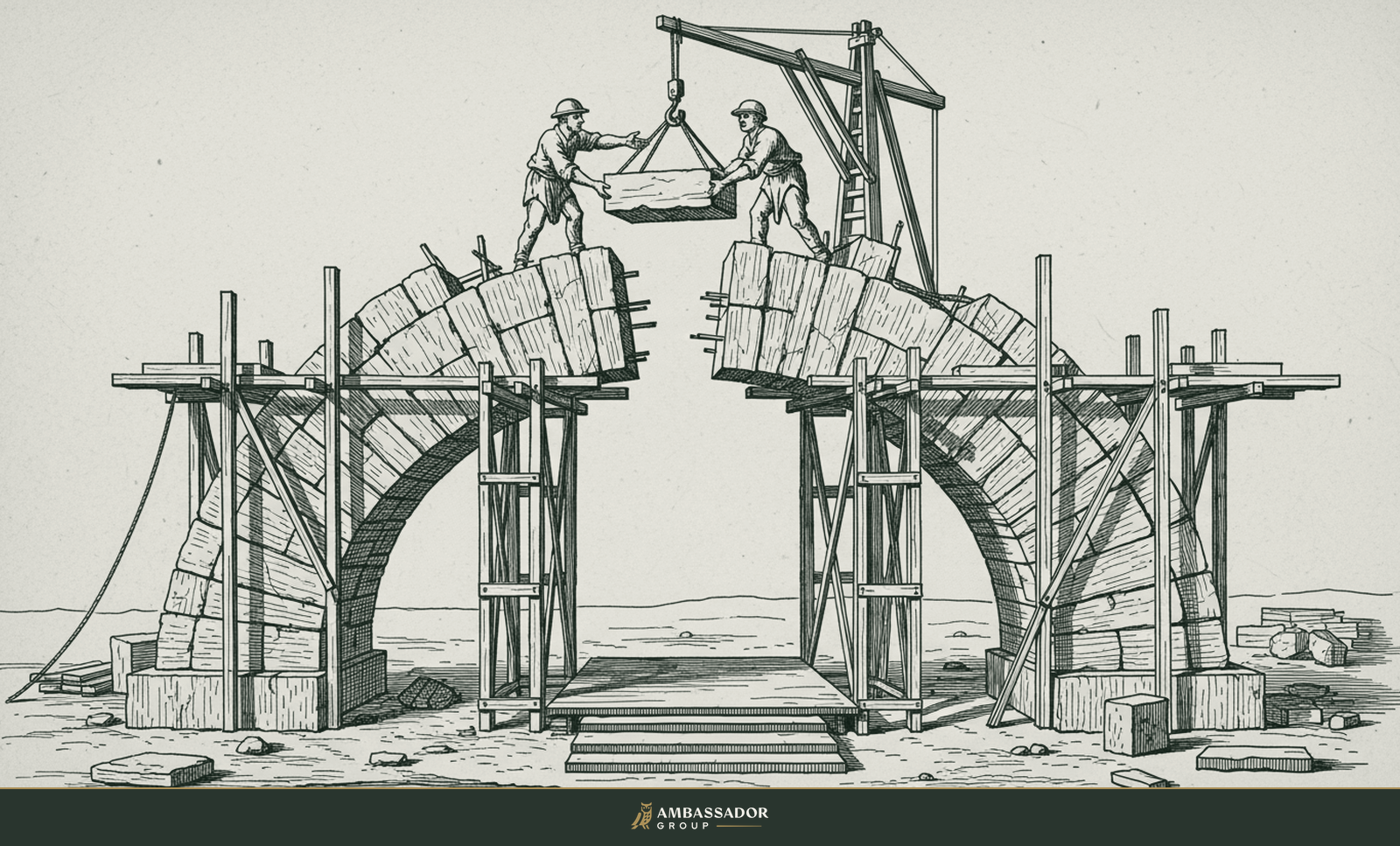 Engraving of two masons on opposite scaffolds lowering a shared keystone into an unfinished stone arch.
