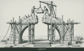 Engraving of two masons on opposite scaffolds lowering a shared keystone into an unfinished stone arch.