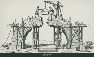 Engraving of two masons on opposite scaffolds lowering a shared keystone into an unfinished stone arch.