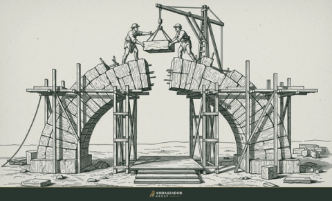 Engraving of two masons on opposite scaffolds lowering a shared keystone into an unfinished stone arch.