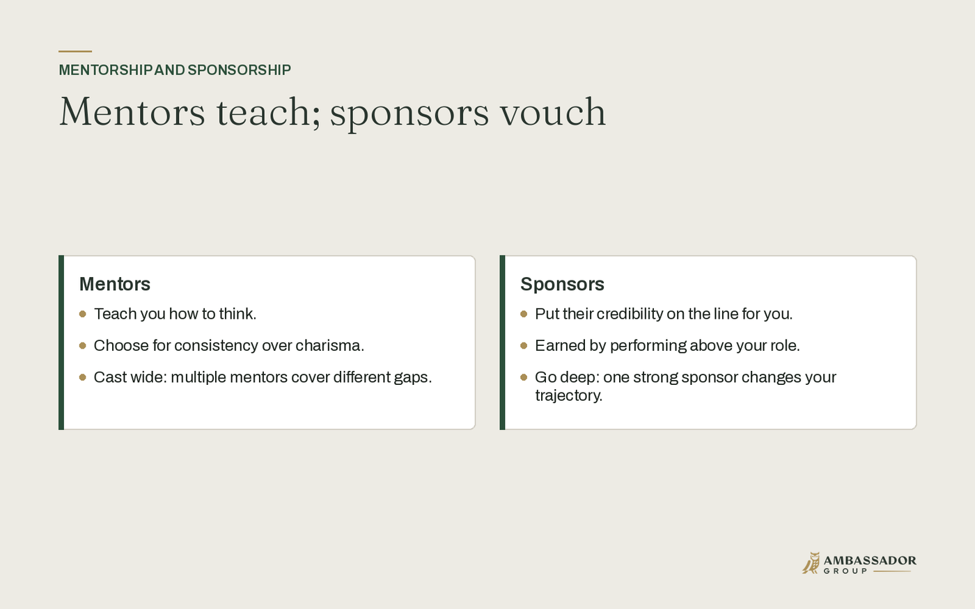 Mentors teach you how to think; sponsors put their credibility on the line for you.