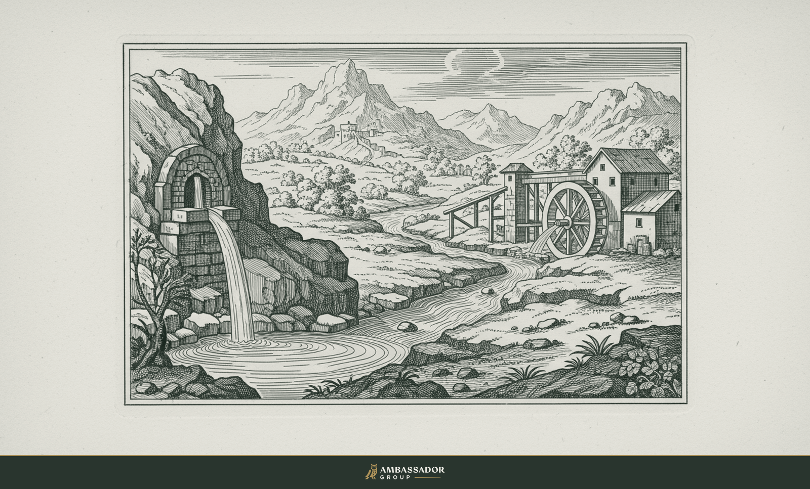 Antique engraving illustration. A clear mountain spring at its source feeding a stream that turns a distant mill wheel, cause flowing to effect.