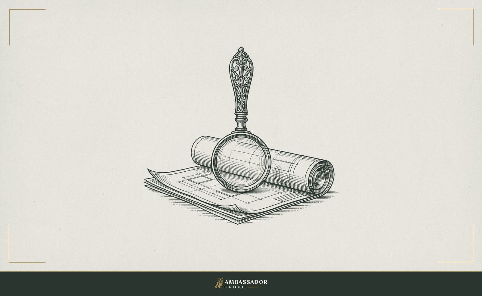 An antique magnifying glass standing on a folded set of architectural blueprints, rendered as a moss and sandstone engraving.
