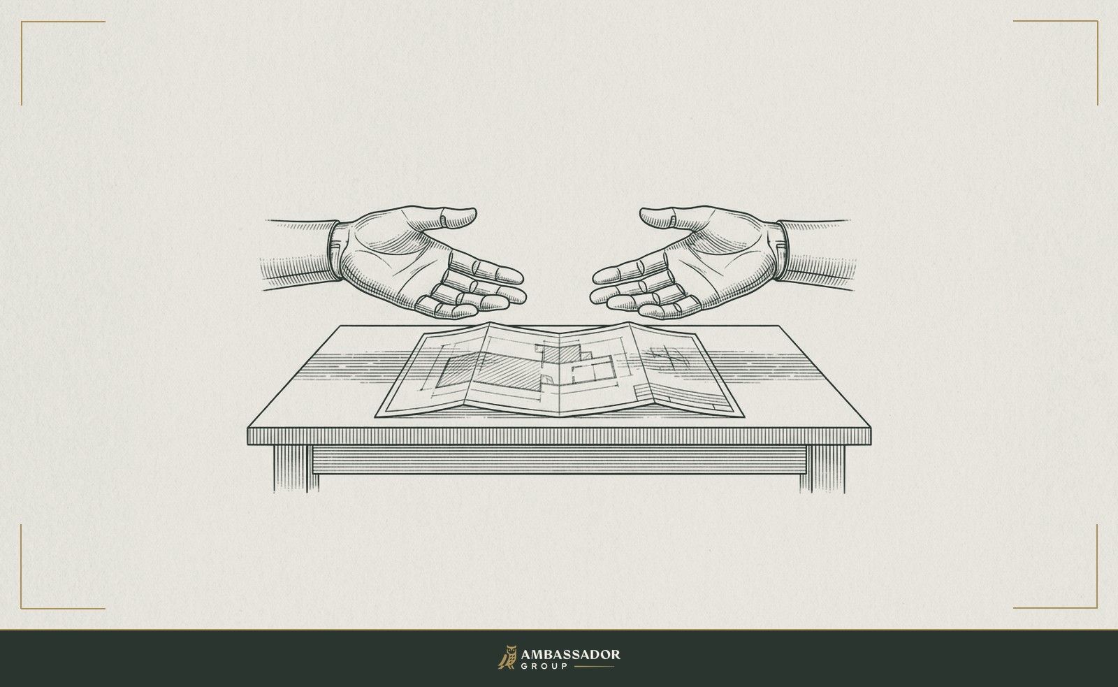 Antique engraving illustration. Two open hands facing each other across a table, both extended palm-up, with a folded blueprint laid flat between them.