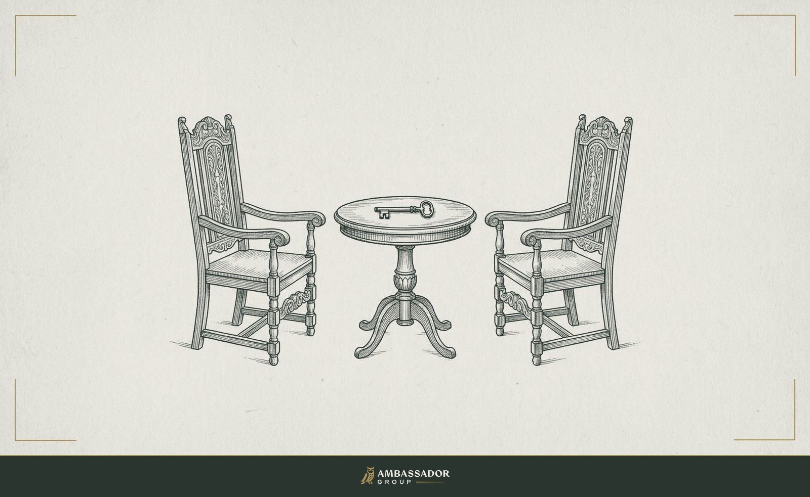 Antique engraving illustration. Two chairs facing each other across a small table, a key placed in the center between them, both chairs equal in scale and detail, neither elevated.