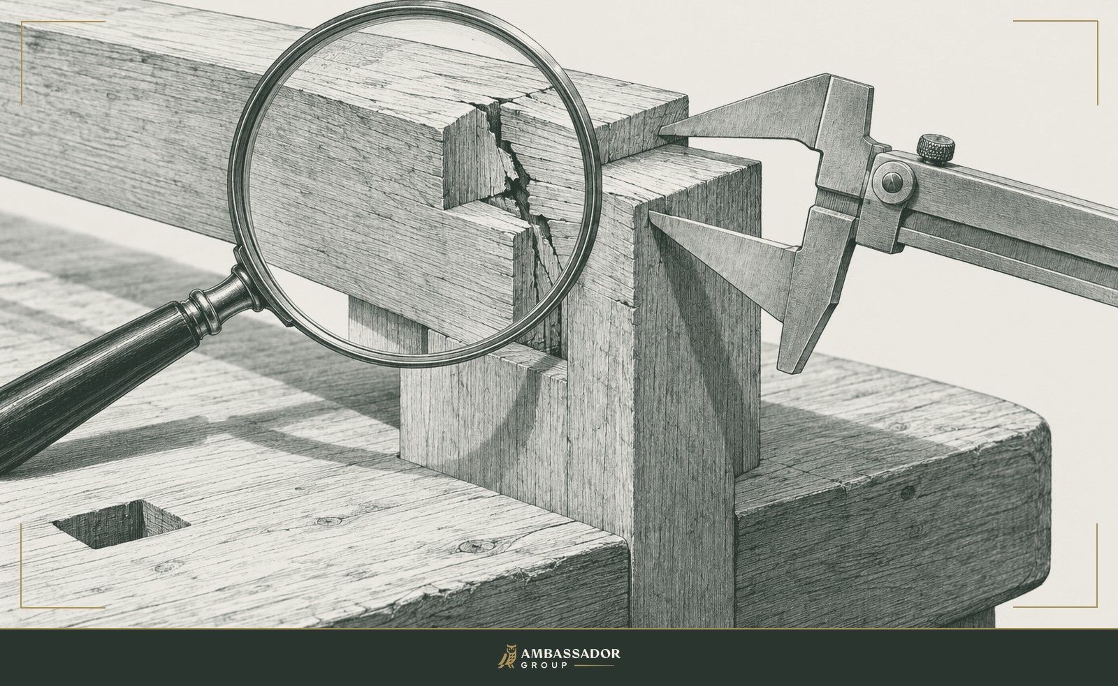 Antique engraving illustration. A magnifying glass and steel calipers examining a cracked timber joint on a bench, diagnosing the point of failure.