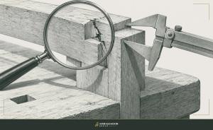Antique engraving illustration. A magnifying glass and steel calipers examining a cracked timber joint on a bench, diagnosing the point of failure.