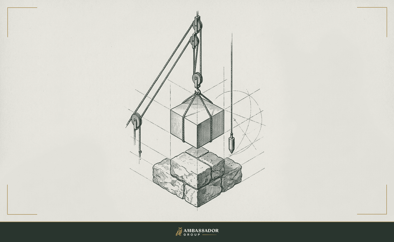 Engraving of a single cut cornerstone being lowered onto a foundation with a plumb line and guide-lines, representing first principles of hiring.
