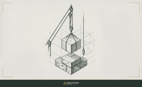 Engraving of a single cut cornerstone being lowered onto a foundation with a plumb line and guide-lines, representing first principles of hiring.