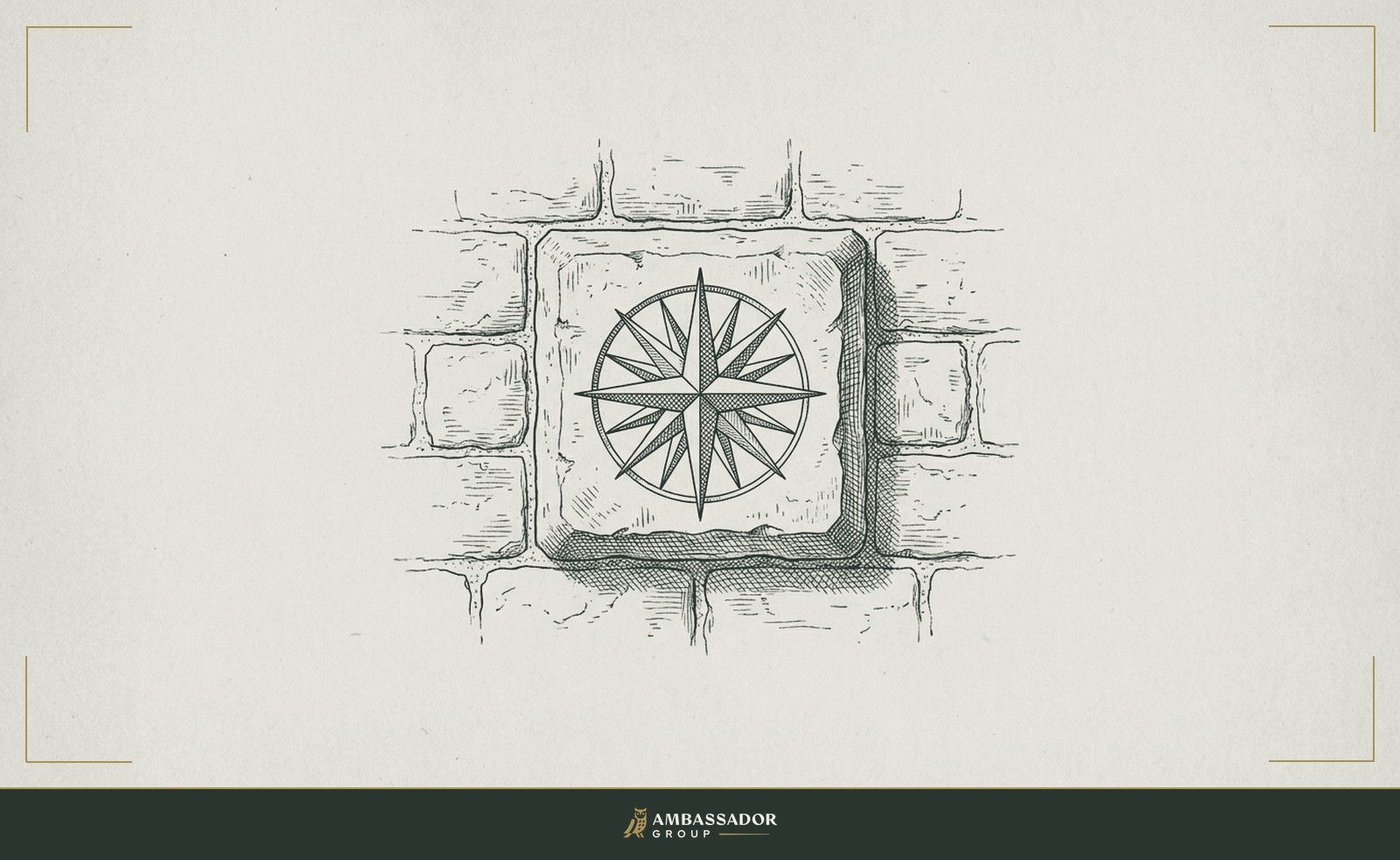 Antique engraving illustration. A cornerstone block set deeply into a foundation wall, its face engraved with a single compass rose.