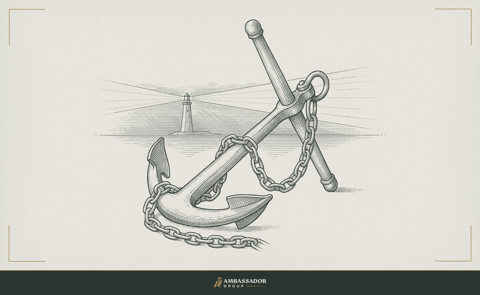 Antique engraving illustration. A ship's anchor half-raised, chain slack and loose, while a lighthouse beam sweeps the horizon in the distance behind it.