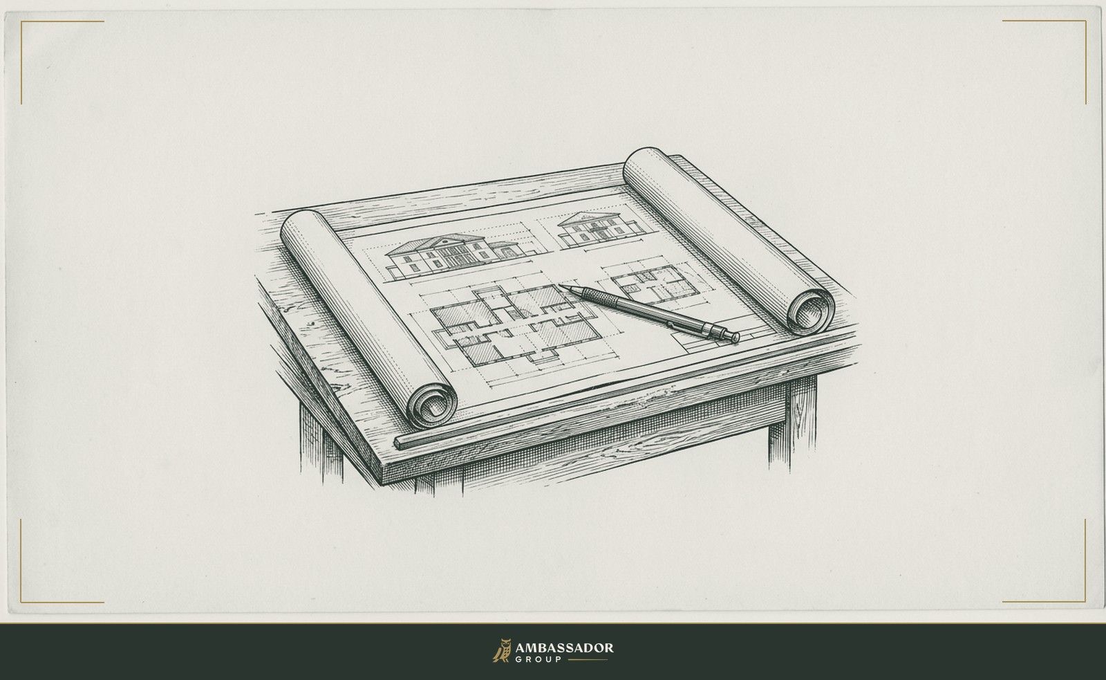 Antique engraving illustration. An open folio of blueprints unrolled on a drafting table, a single drafting pencil laid across the top sheet, ready for a first mark.