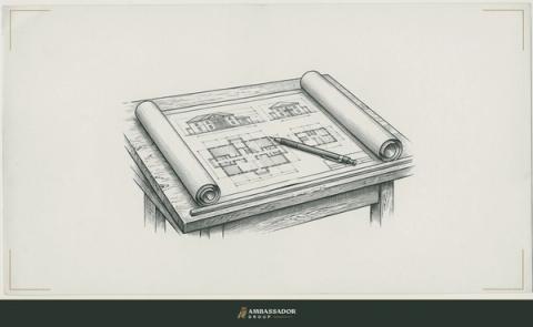 Antique engraving illustration. An open folio of blueprints unrolled on a drafting table, a single drafting pencil laid across the top sheet, ready for a first mark.