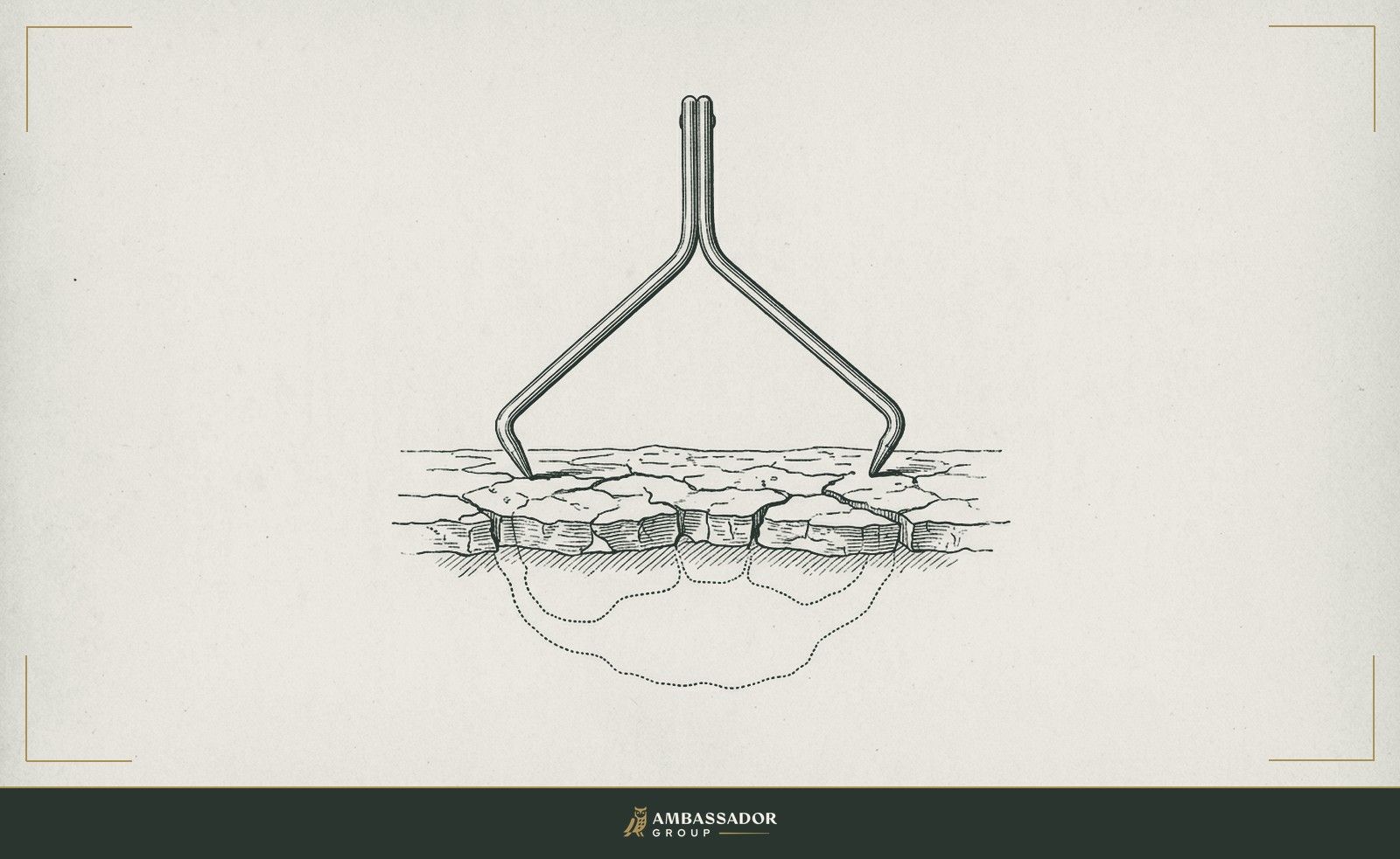 Antique engraving illustration. A dowsing rod with both branches bent downward in false positive agreement, aimed at dry cracked earth, the appearance of alignment over a hollow ground.