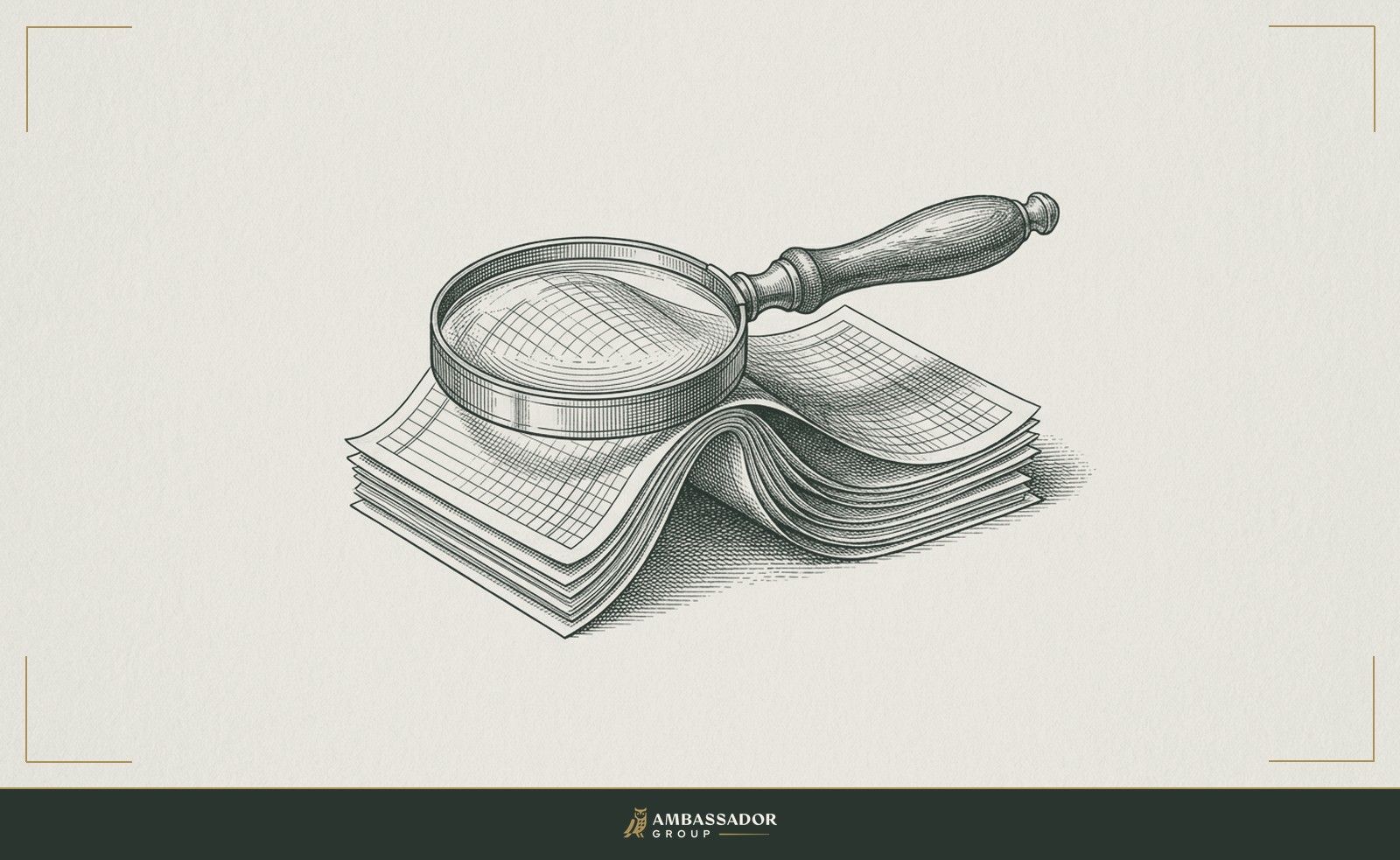 Antique engraving illustration. A magnifying glass balanced on a fulcrum of stacked ledger pages, one side revealing finely engraved detail, the other side still obscured in cross-hatched shadow.