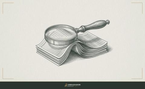 Antique engraving illustration. A magnifying glass balanced on a fulcrum of stacked ledger pages, one side revealing finely engraved detail, the other side still obscured in cross-hatched shadow.