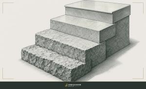 Antique engraving illustration. A rising flight of four stone steps, each successive step more finely dressed and polished than the one below.