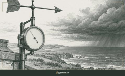 Antique engraving illustration. An antique brass barometer with a plain unmarked dial and an iron weathervane, angled toward a storm front on the horizon.