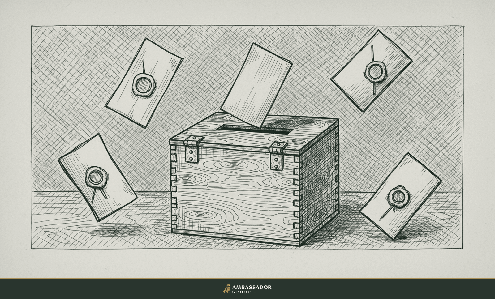 Antique engraving illustration. Several sealed written ballots dropped independently into a wooden box before any discussion, each verdict protected.