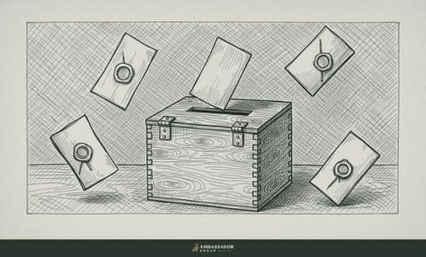Antique engraving illustration. Several sealed written ballots dropped independently into a wooden box before any discussion, each verdict protected.