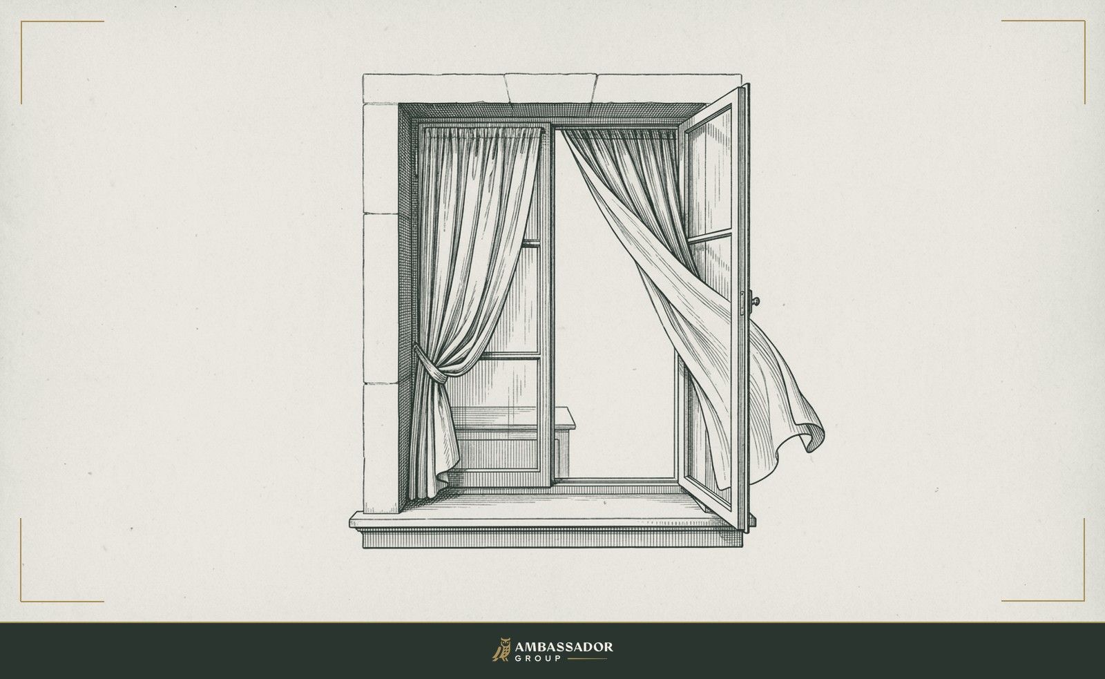 Antique engraving illustration. A half-open window with one curtain drawn inside and one thrown open to the exterior, the divide between the enclosed and the expansive rendered in a single threshold.