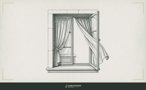 Antique engraving illustration. A half-open window with one curtain drawn inside and one thrown open to the exterior, the divide between the enclosed and the expansive rendered in a single threshold.