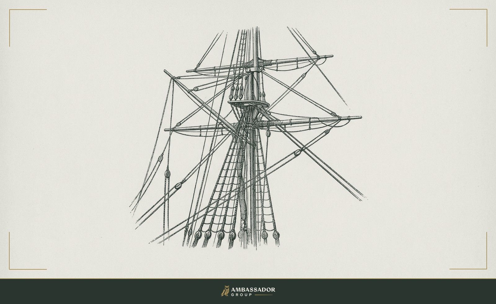 Antique engraving illustration. A ship's rigging with multiple lines under simultaneous tension, each rope serving a distinct purpose in the same sail, the complexity of a strategic voyage rendered in cordage and pulleys.
