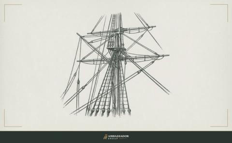 Antique engraving illustration. A ship's rigging with multiple lines under simultaneous tension, each rope serving a distinct purpose in the same sail, the complexity of a strategic voyage rendered in cordage and pulleys.