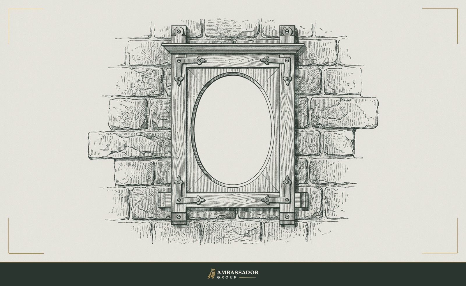Antique engraving illustration. A hand mirror mounted in a timber frame, its reflection surface clear and unmarked, set against a backdrop of a stone wall with one course slightly misaligned.