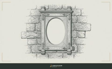 Antique engraving illustration. A hand mirror mounted in a timber frame, its reflection surface clear and unmarked, set against a backdrop of a stone wall with one course slightly misaligned.