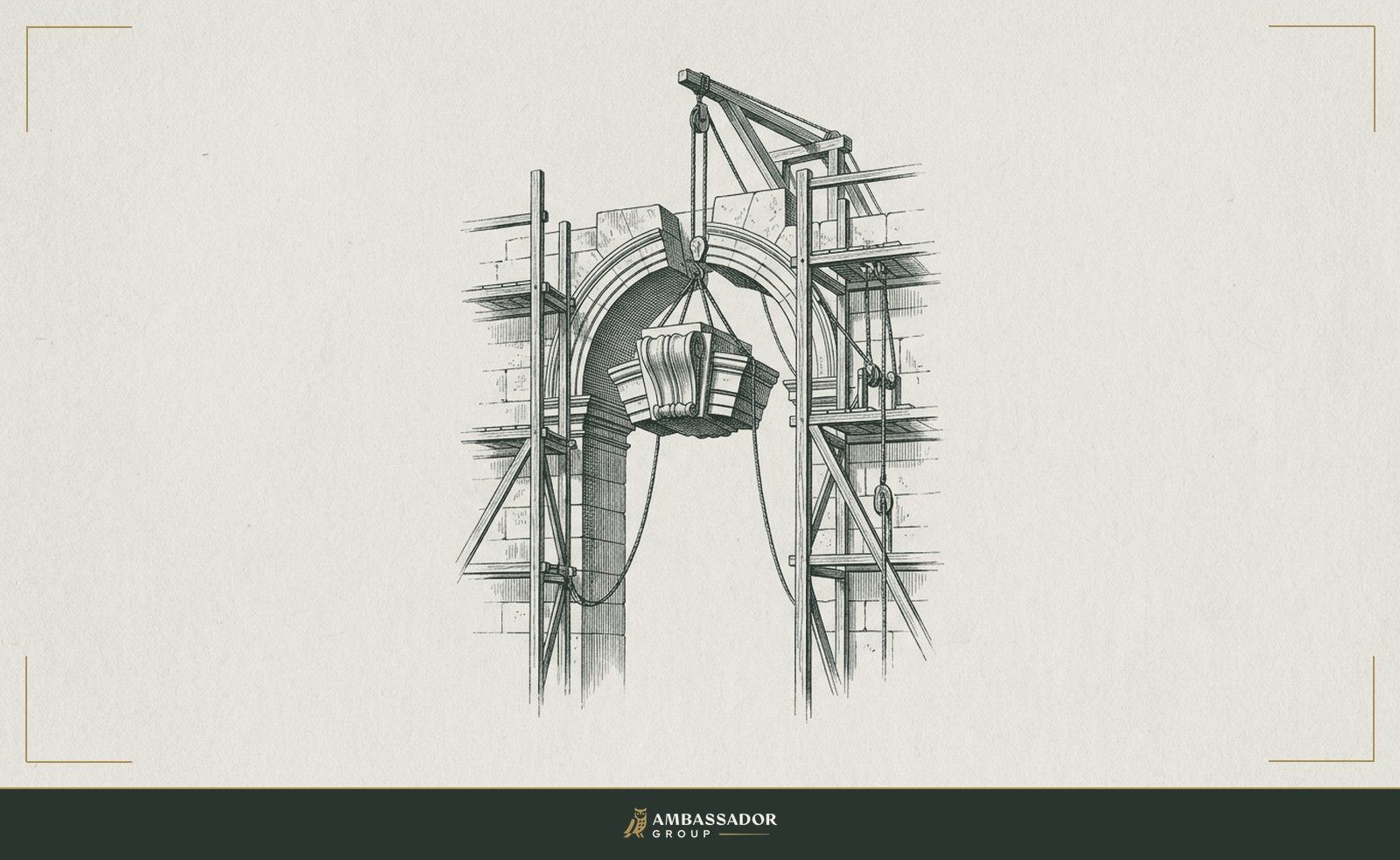 Antique engraving illustration. A heavy keystone is set at the apex of a tall masonry arch braced by timber scaffolding.
