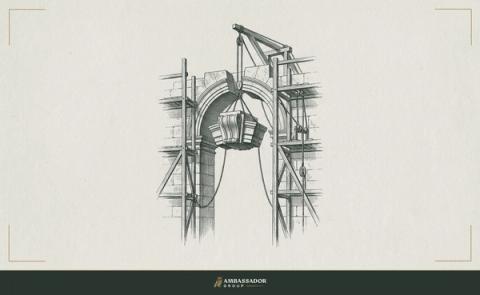 Antique engraving illustration. A heavy keystone is set at the apex of a tall masonry arch braced by timber scaffolding.