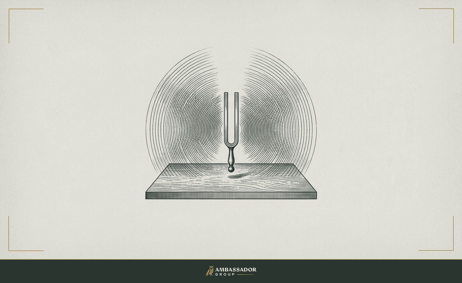 Antique engraving illustration. A tuning fork struck and suspended above a resonating wooden soundboard, vibration lines radiating in perfect symmetry.