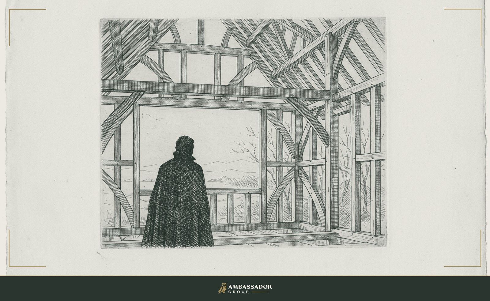 Antique engraving illustration. A silhouette seen from behind inside a half-assembled timber frame, facing out through an open wall toward an unfinished horizon.