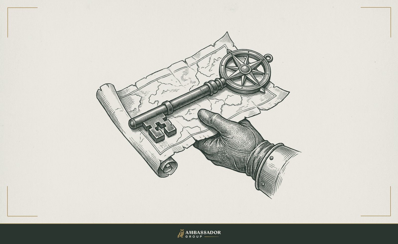 Antique engraving illustration. A heavy iron key resting across an open map, held by a gloved hand from below, the key's bow shaped like a compass rose pointing toward an unmarked horizon.