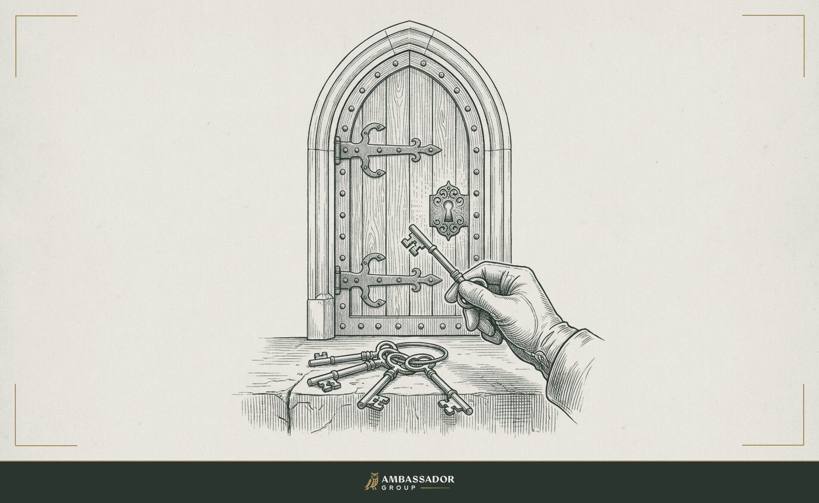 Antique engraving illustration. A locked door with light visible through its keyhole, a ring of keys in the foreground, one key lifted and extended toward the lock by a deliberate hand.