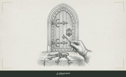 Antique engraving illustration. A locked door with light visible through its keyhole, a ring of keys in the foreground, one key lifted and extended toward the lock by a deliberate hand.