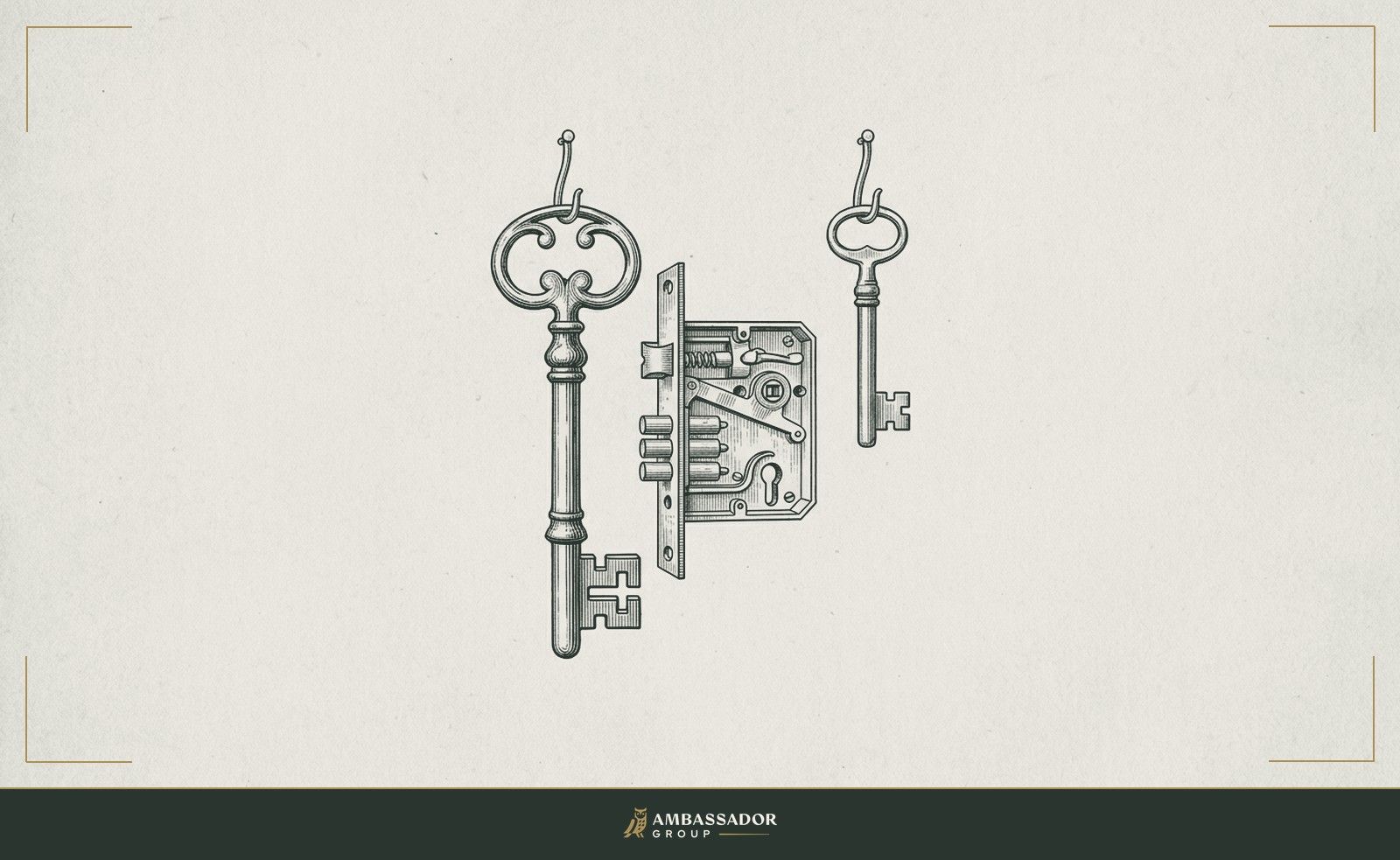 Antique engraving illustration. A master key hanging on a peg beside a smaller apprentice key, a door lock drawn open at the center between them.