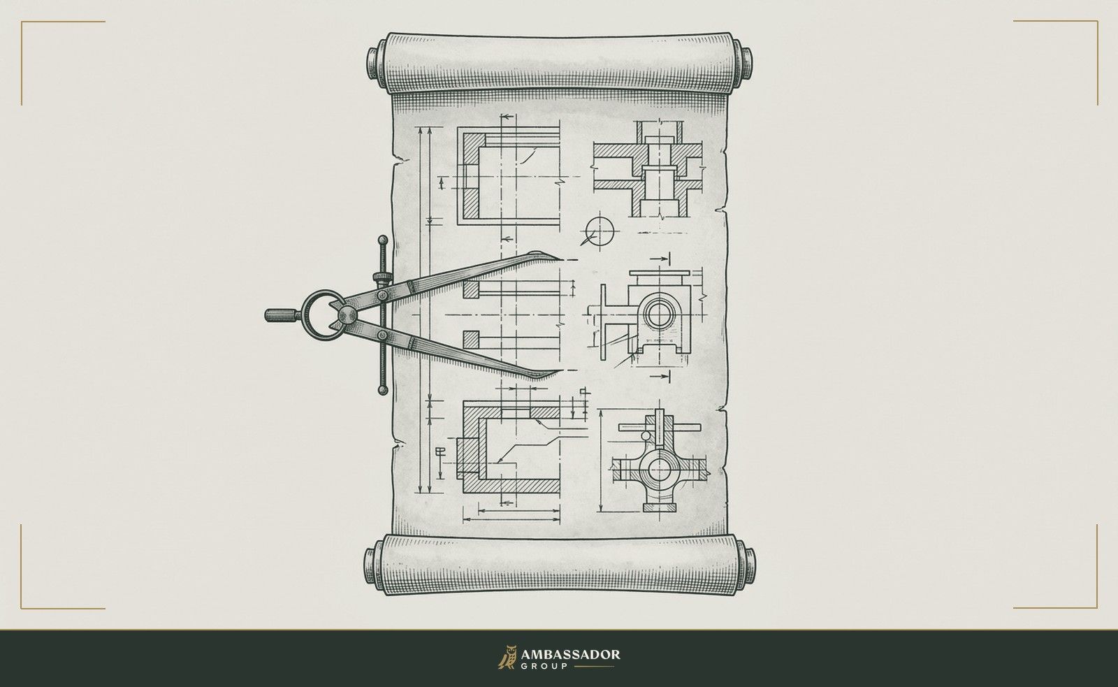 Antique engraving illustration. A detailed job-scope scroll unrolled vertically, a pair of calipers aligned along its margin measuring the depth of each line item.
