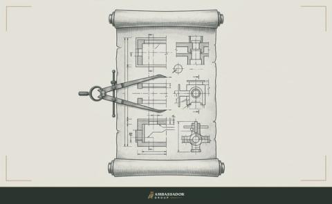 Antique engraving illustration. A detailed job-scope scroll unrolled vertically, a pair of calipers aligned along its margin measuring the depth of each line item.
