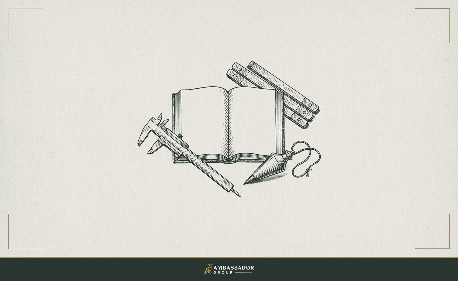 Antique engraving illustration. A brass caliper, a carpenter’s folding rule, and a plumb bob arranged around a blank open ledger.
