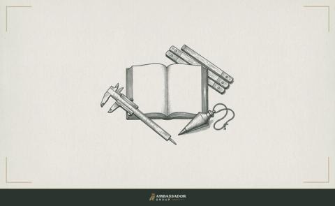 Antique engraving illustration. A brass caliper, a carpenter’s folding rule, and a plumb bob arranged around a blank open ledger.