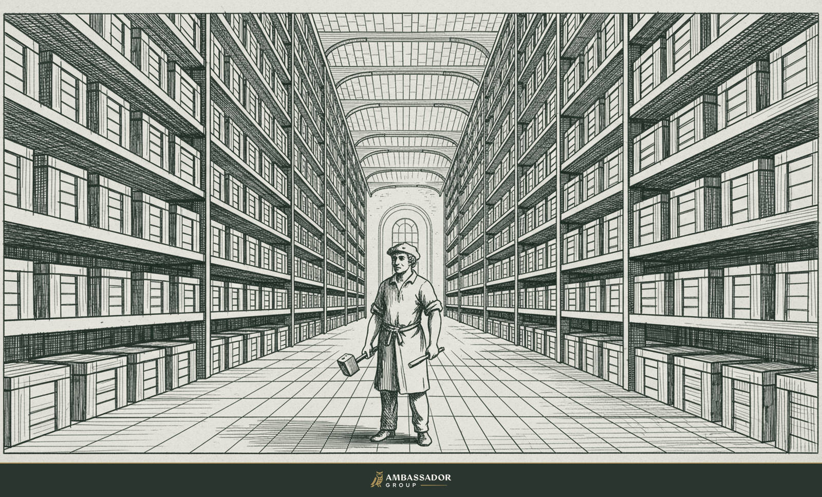 Engraving of a vast warehouse of identical crates, with a single fully human craftsman standing apart in the center aisle.
