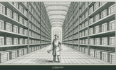 Engraving of a vast warehouse of identical crates, with a single fully human craftsman standing apart in the center aisle.