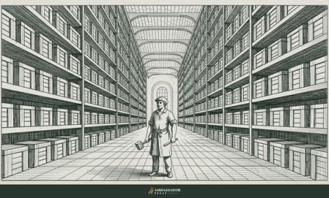 Engraving of a vast warehouse of identical crates, with a single fully human craftsman standing apart in the center aisle.