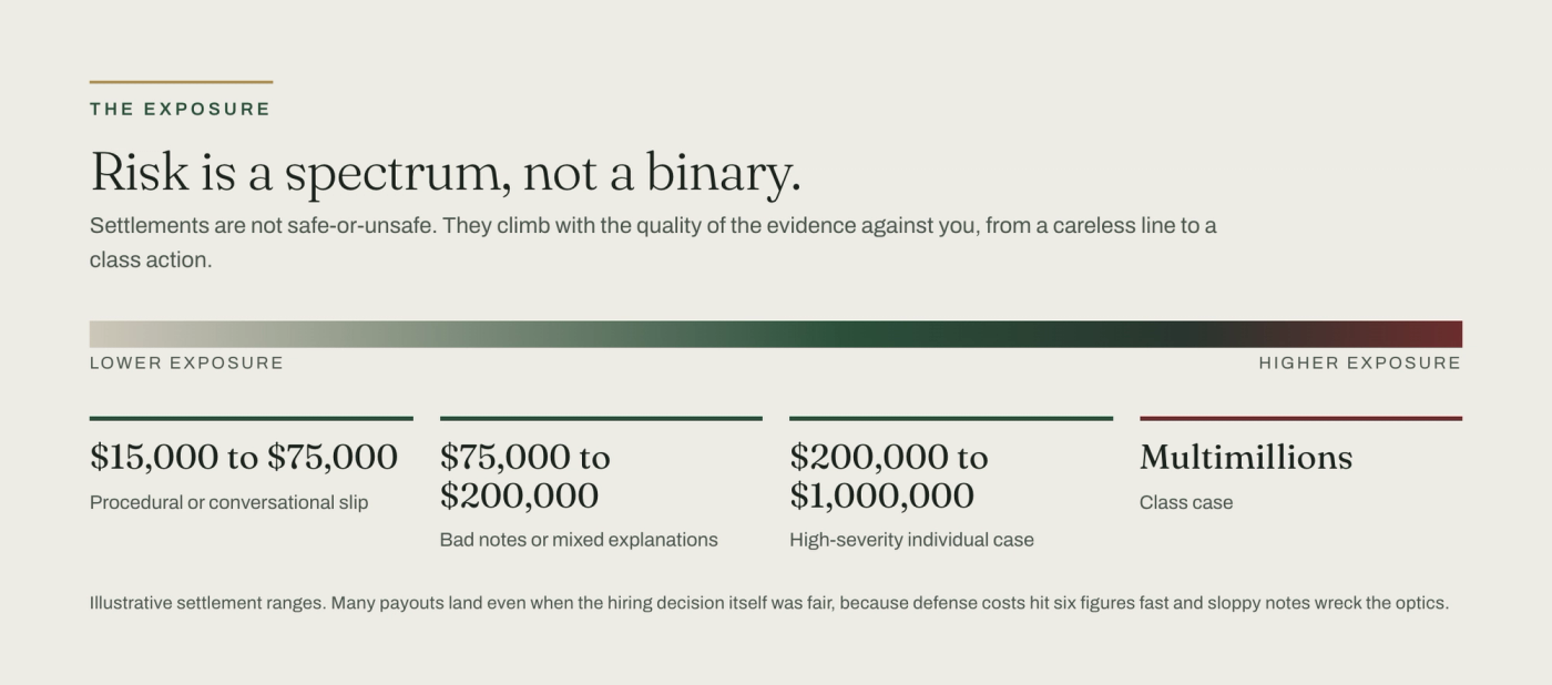 A risk spectrum of discrimination settlements climbing with the strength of the evidence: a procedural or conversational slip runs 15,000 to 75,000 dollars; bad notes or mixed explanations 75,000 to 200,000; a high-severity individual case 200,000 to 1,000,000; a class case reaches the multimillions.