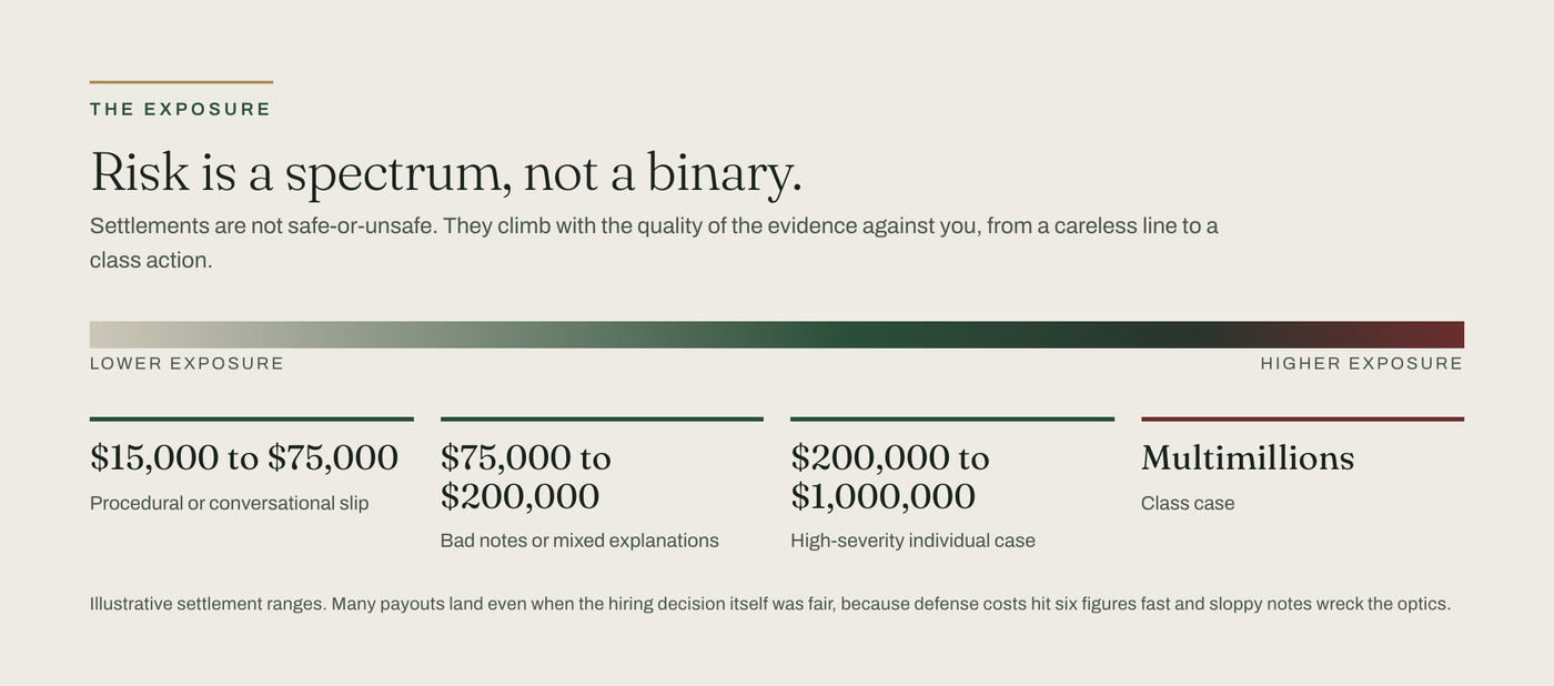 A risk spectrum of discrimination settlements climbing with the strength of the evidence: a procedural or conversational slip runs 15,000 to 75,000 dollars; bad notes or mixed explanations 75,000 to 200,000; a high-severity individual case 200,000 to 1,000,000; a class case reaches the multimillions.